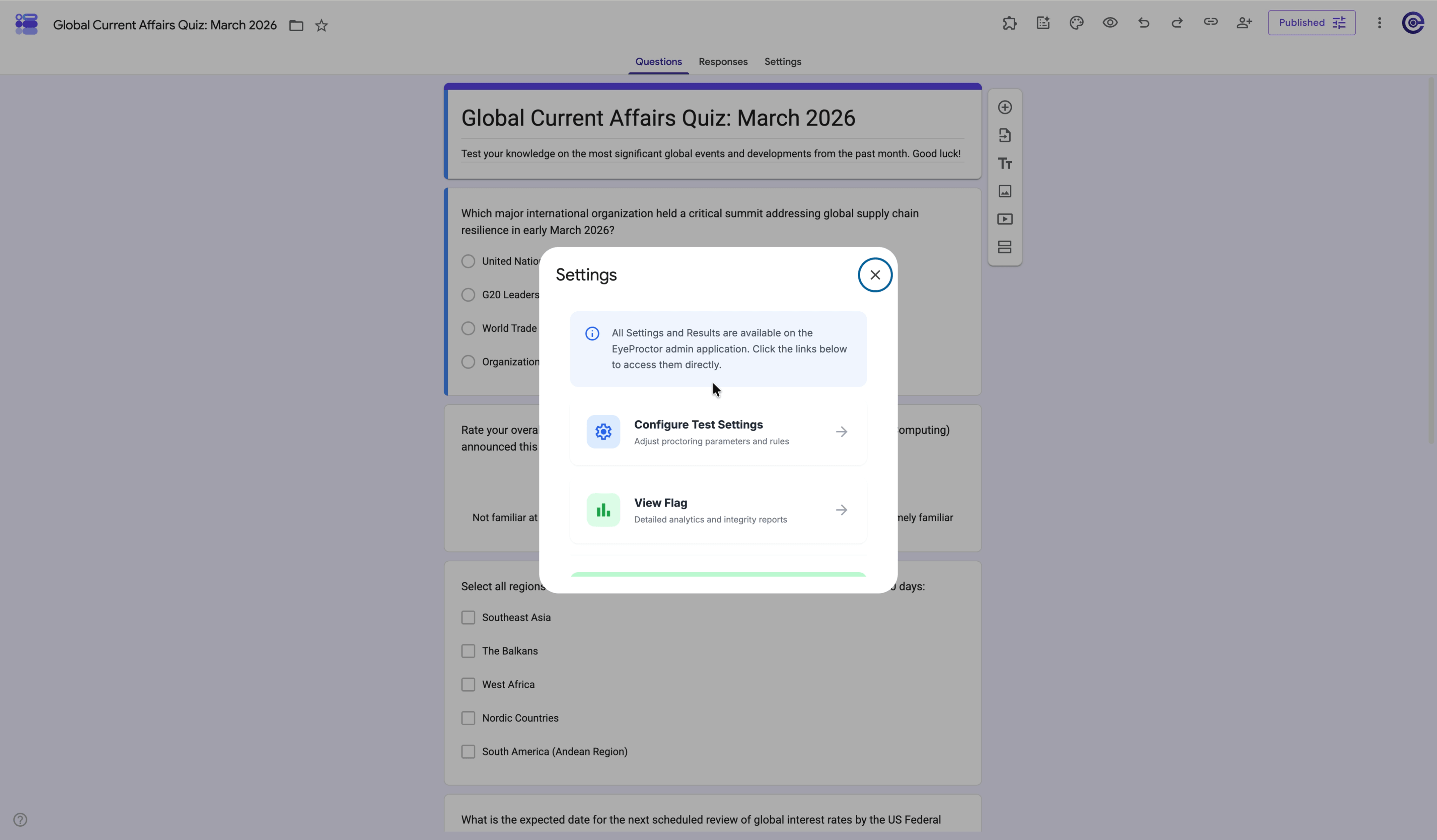 Eye Proctor add-on settings inside Google Forms