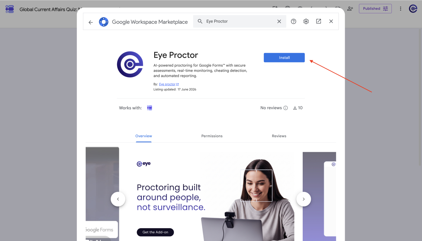 Eye listing on Google Workspace Marketplace