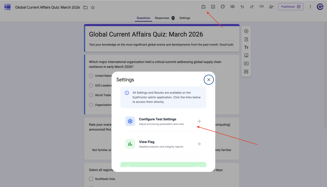 Eye sidebar with proctoring settings