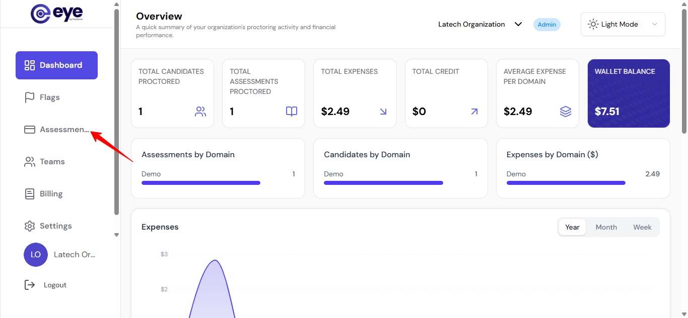 Assessment menu item in the Eye dashboard