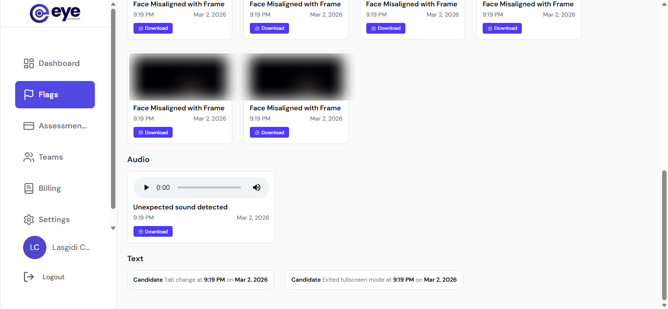 Recorded evidence for a flagged session