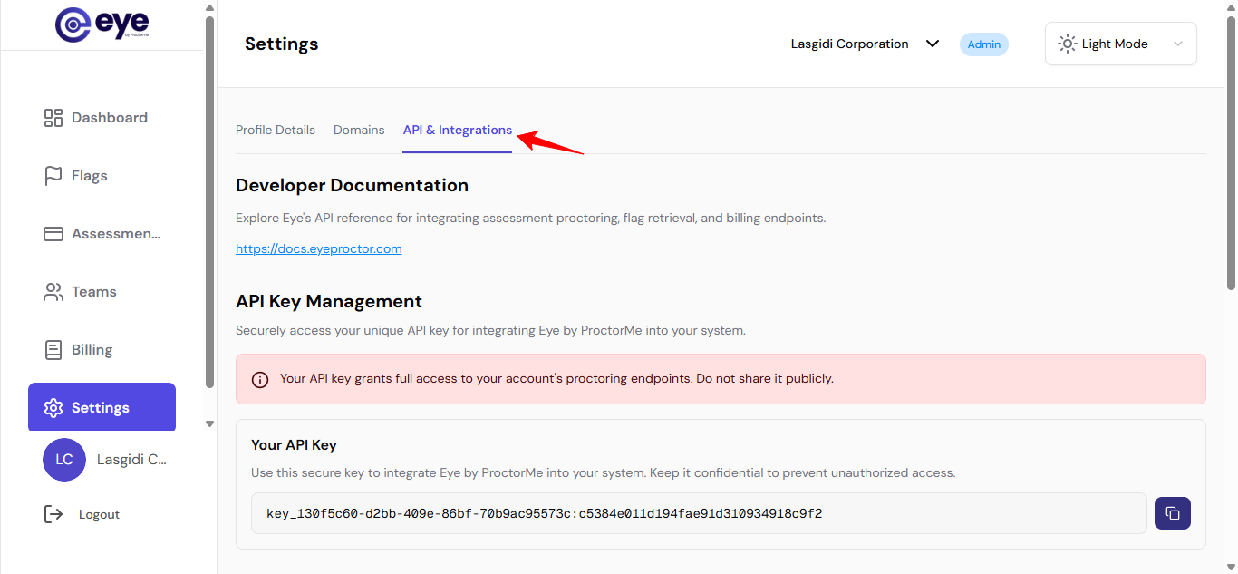 API Integration settings page