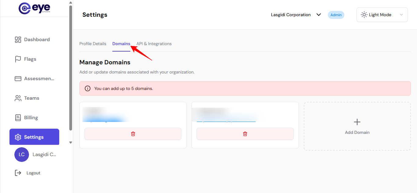 Domains settings page with the plus icon