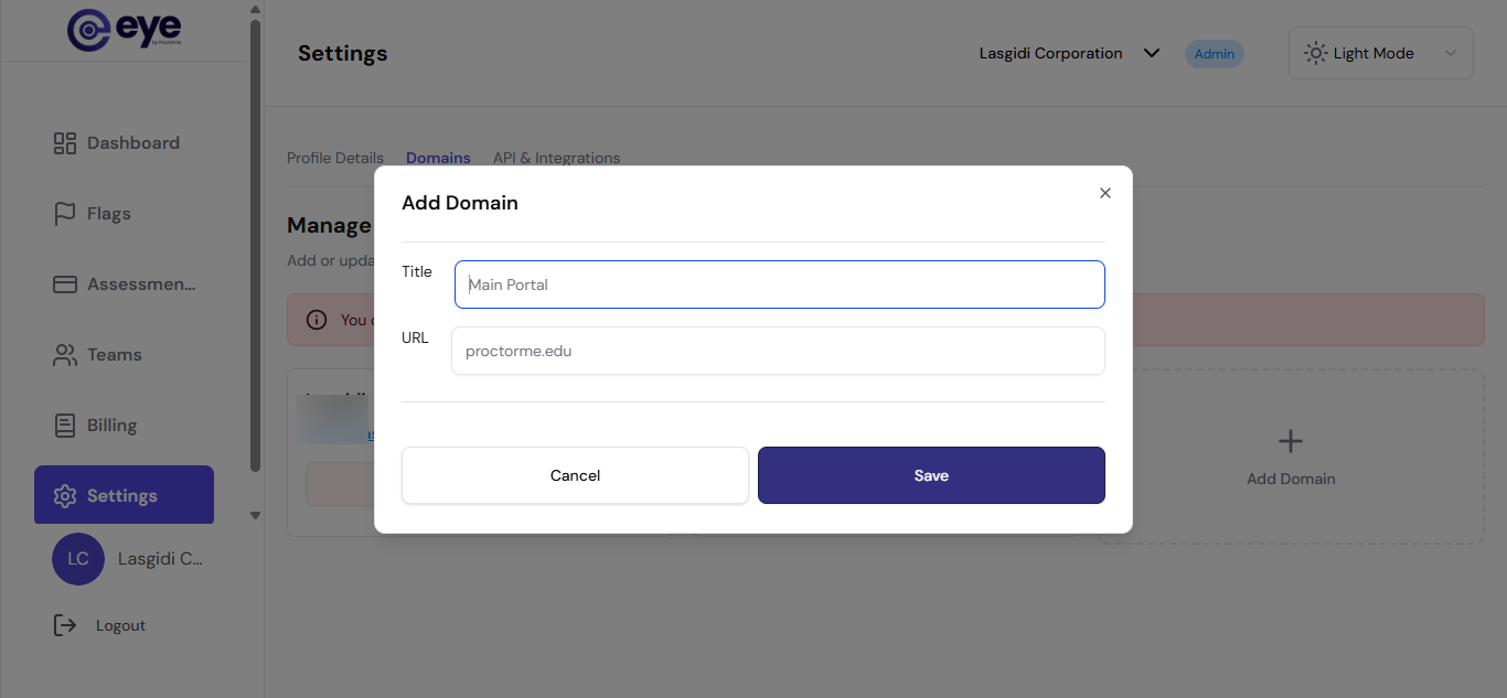 Enter domain details pop-up