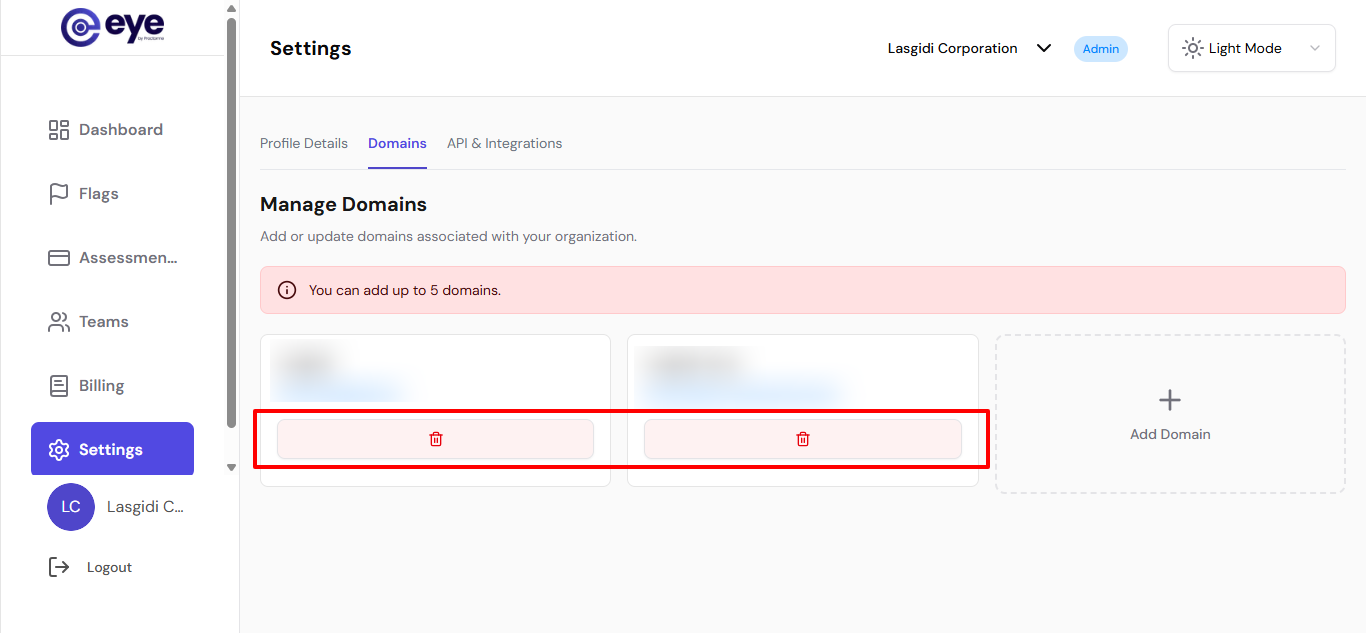Delete icon next to a domain