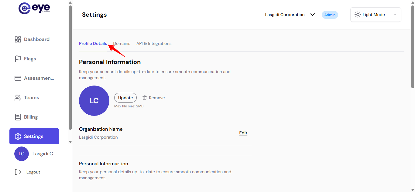 Profile details settings page