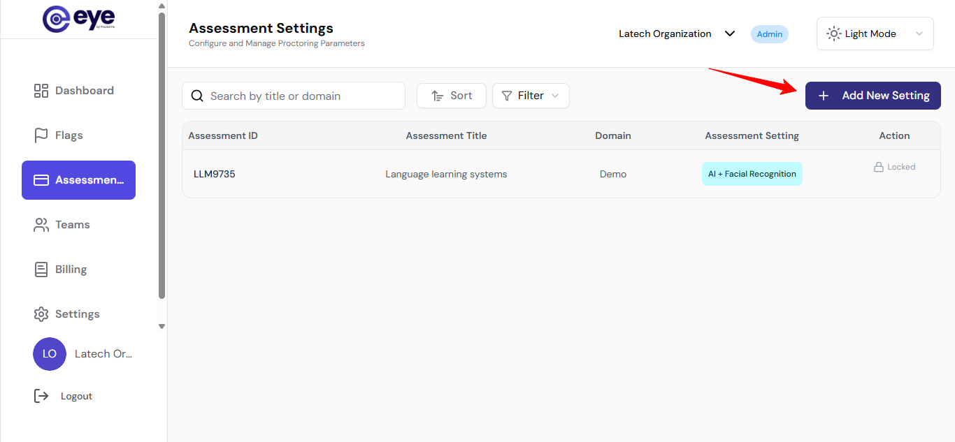 Add New Setting button in the top-right corner