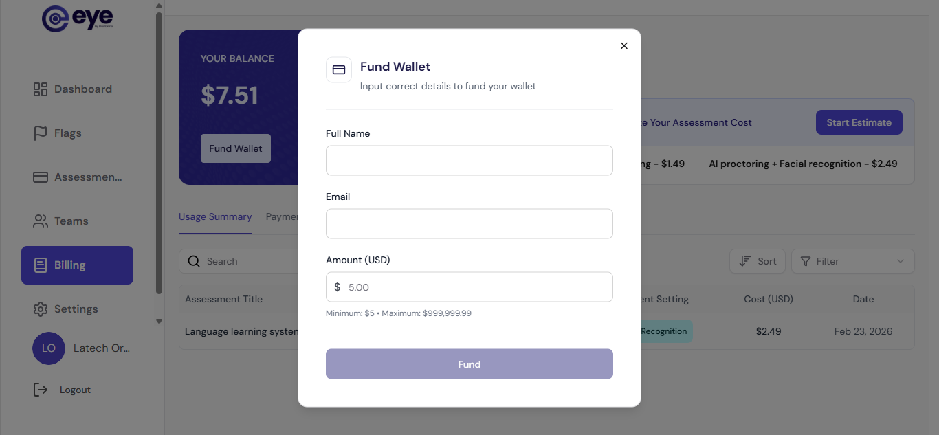 Fund wallet payment pop-up