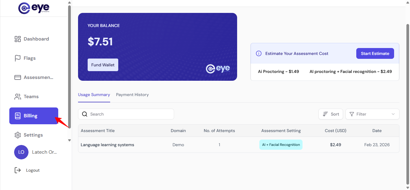 Billing item in the left sidebar