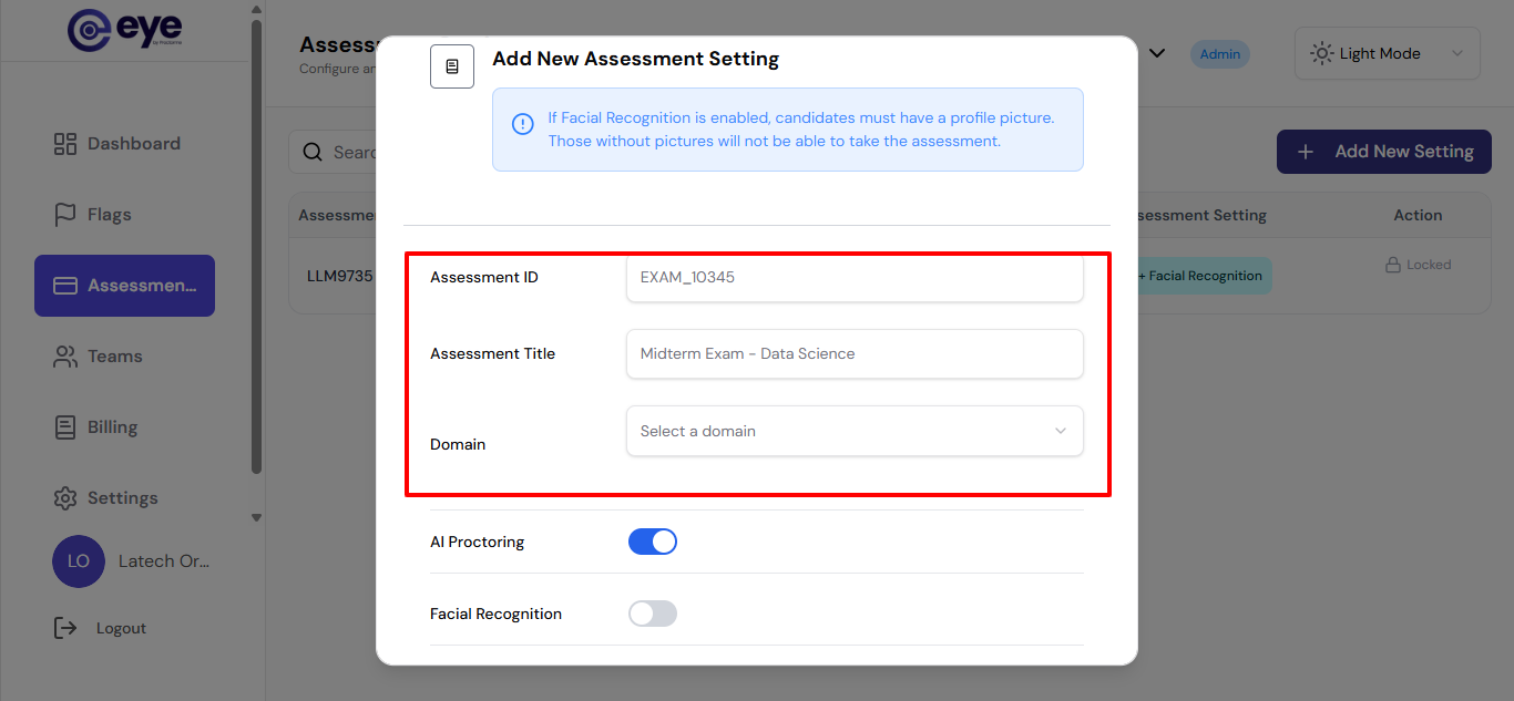 Enter assessment details form